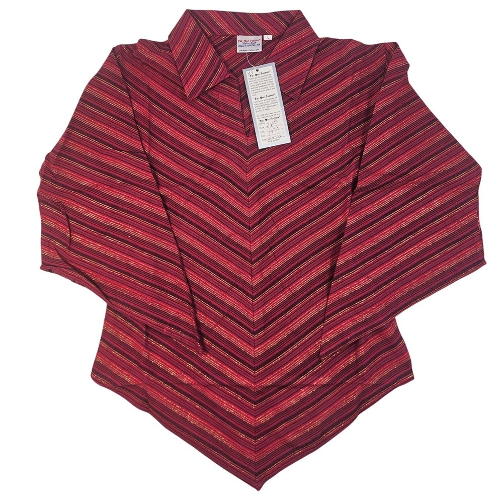 Far Out Fashion Red Chevron Stripe Metallic Long Sleeve Shirt Pointed Hem Medium